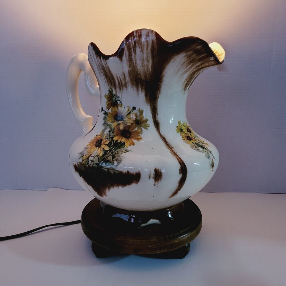 Vtg Table Lamp Water Pitcher Hand Painter Sunflowers Ceramic Wood Base 13" MCM